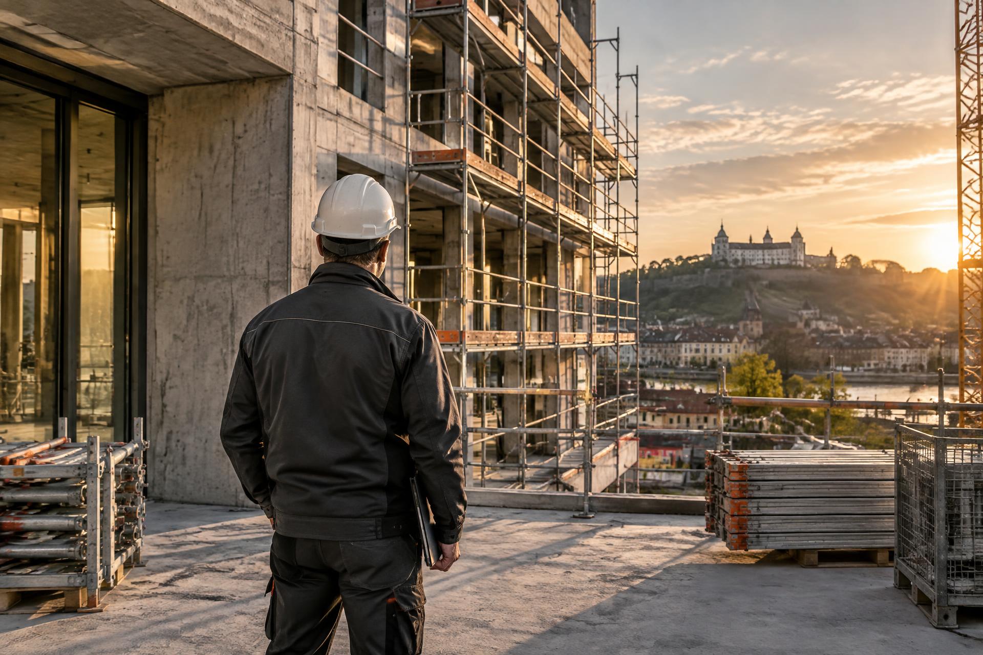 Bauprojekt mit Gerüst und Blick auf Würzburg