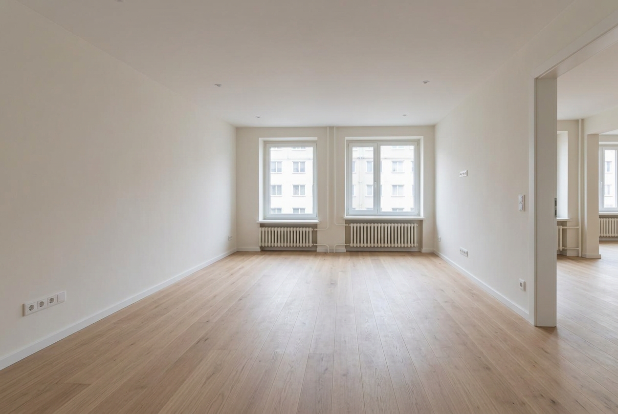 Fertig sanierter Innenraum mit hellen Wänden und Holzboden